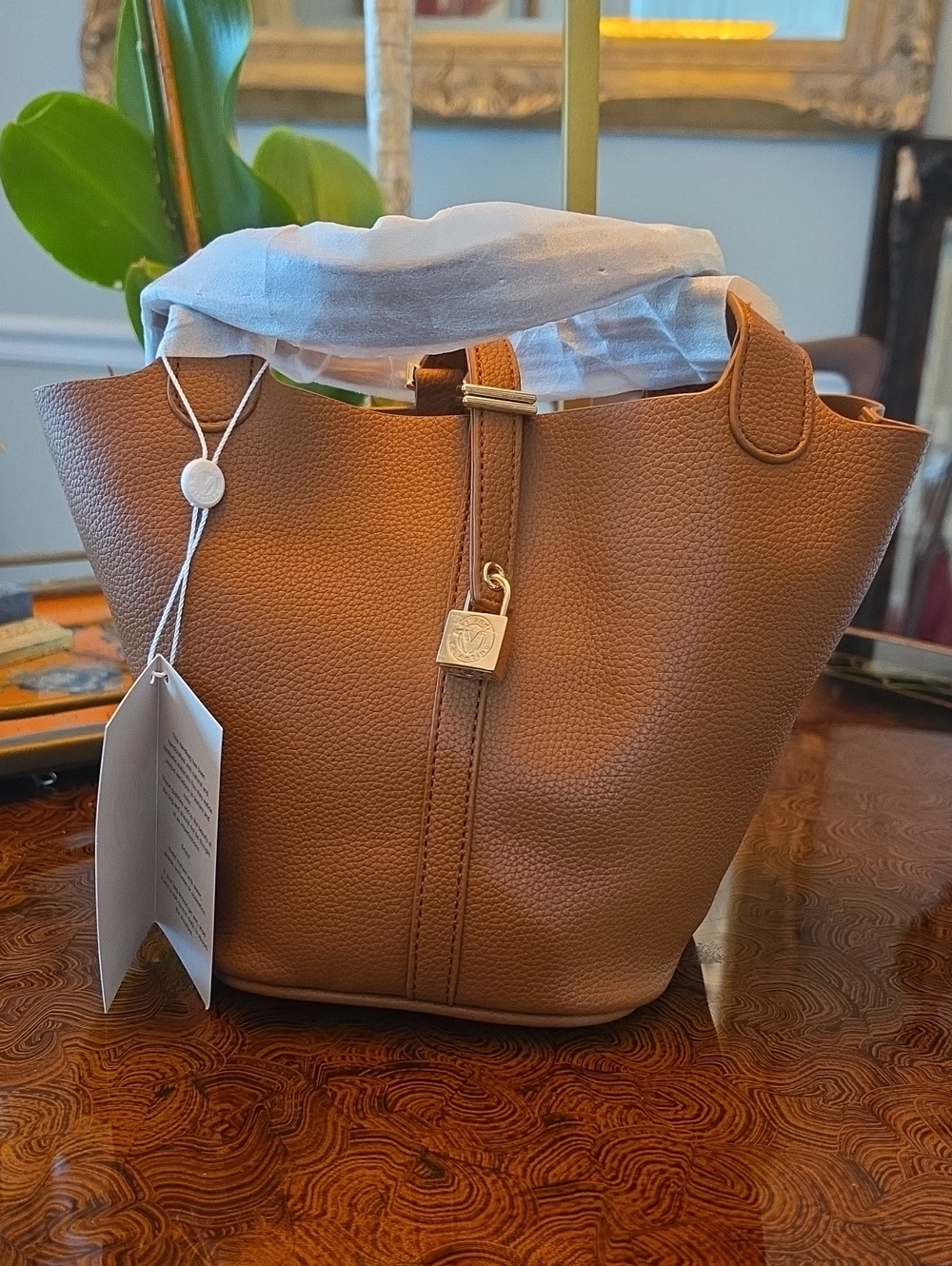 Valentino Orlandi Cognac Pebble Leather Bucket Tote with Gold Padlock $220